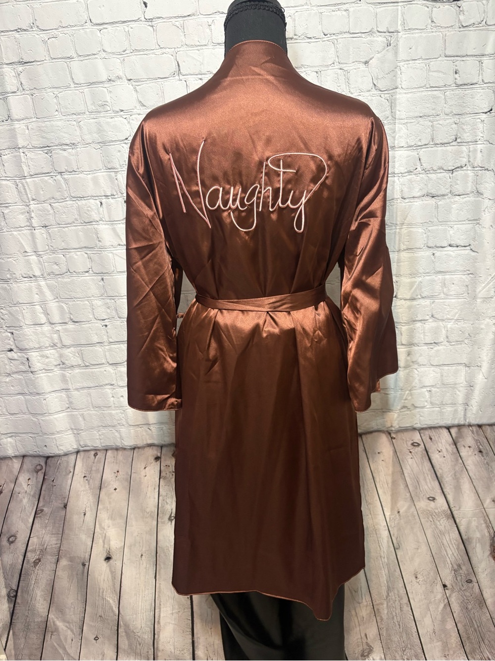 Reversible Copper Satin Robe with 'Naughty & Nice' Script